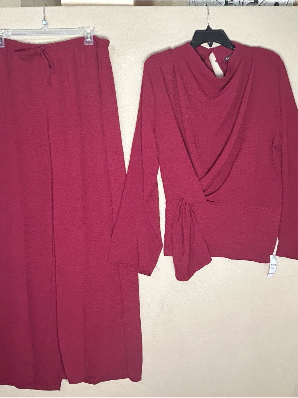 Pants set size 12 Wrap Top and Wide Leg Pants elastic waist cowl-neck Deep Berry